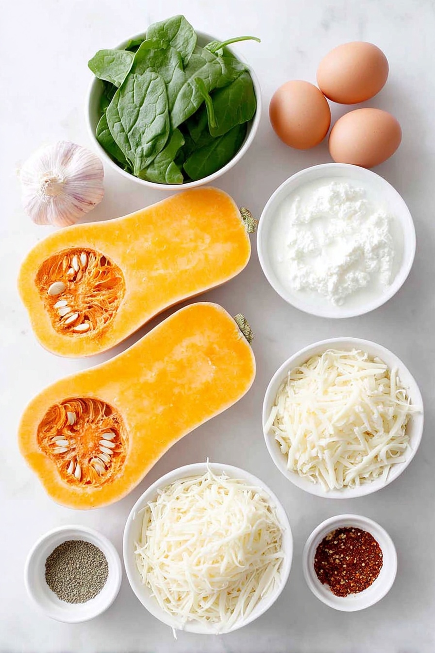 Flat lay of fresh butternut squash cut in half showing bright orange flesh and seeds, a small heap of fresh raw spinach leaves, a single clove of garlic unpeeled, two whole brown eggs with clean shells, a few heaping spoonfuls of white ricotta cheese in a small white ceramic bowl, shredded mozzarella cheese neatly piled in another small white ceramic bowl, finely grated Parmesan cheese in a third small white ceramic bowl, a small white bowl filled with creamy milk, a few dry gluten-free brown rice lasagna noodles arranged side by side in a simple symmetrical stack, and small white ceramic bowls containing Italian seasoning, paprika, and dried basil placed evenly spaced around ingredients, all placed on a clean white marble surface, soft natural light, photo taken with an iPhone, professional food photography style, fresh ingredients, white ceramic bowls, no bottles, no duplicates, no utensils, no packaging --ar 2:3 --v 7 --p m7354615311229779997