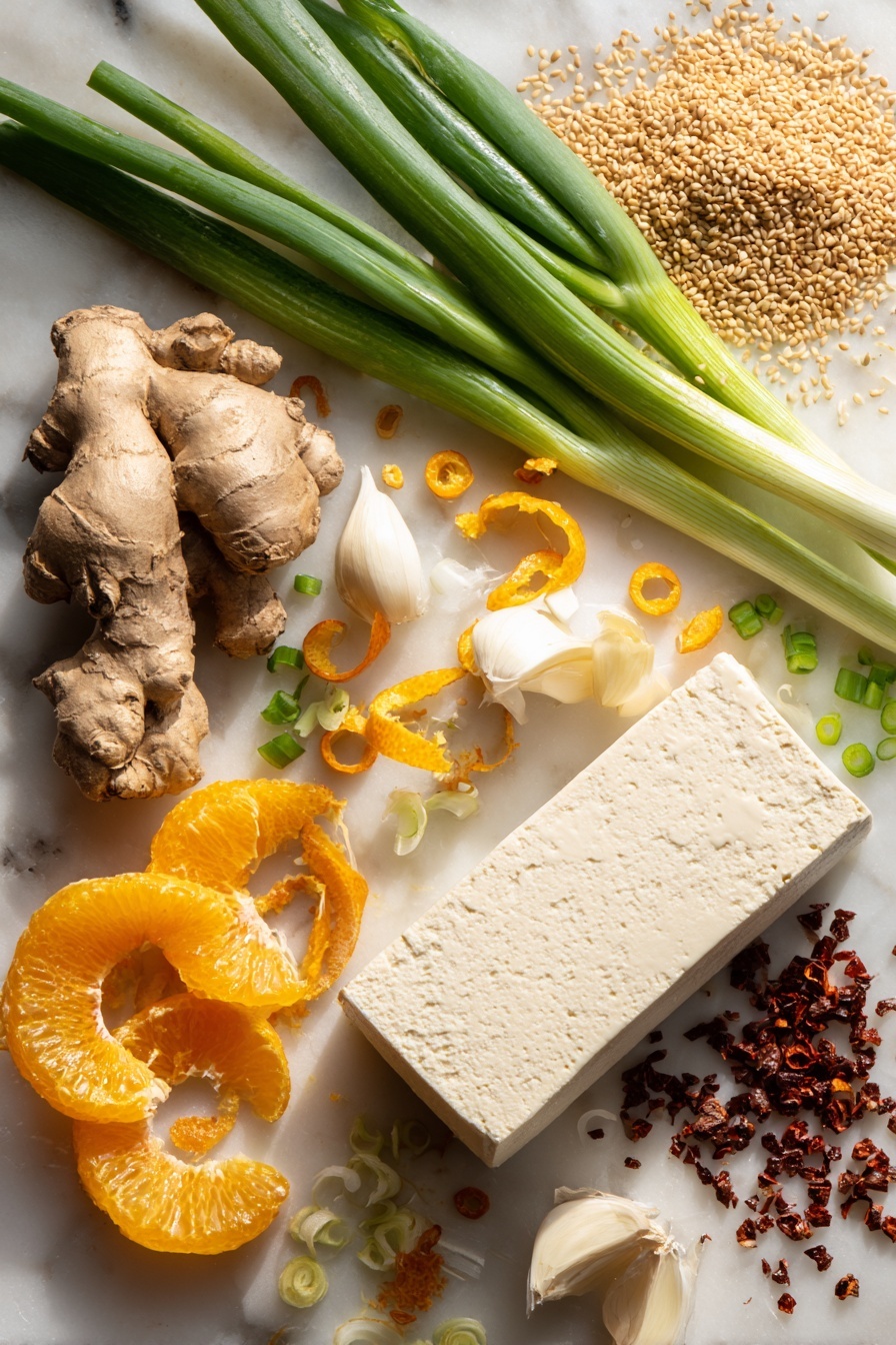 crispy orange tofu - Flat lay of firm tofu block with its smooth, pale cream texture, vibrant fresh orange with bright orange zest curls, peeled garlic cloves showing their creamy white flesh, fresh ginger root with its light brown, knobby skin and fibrous interior, small red chili flakes scattered nearby, glossy green onions sliced into thin rings, dark brown sugar crystals in a small pile, and toasted sesame seeds with their tiny oval shapes and beige color, all beautifully arranged in a natural, balanced composition placed on white marbled surface, photo taken with an iphone --ar 2:3 --v 7