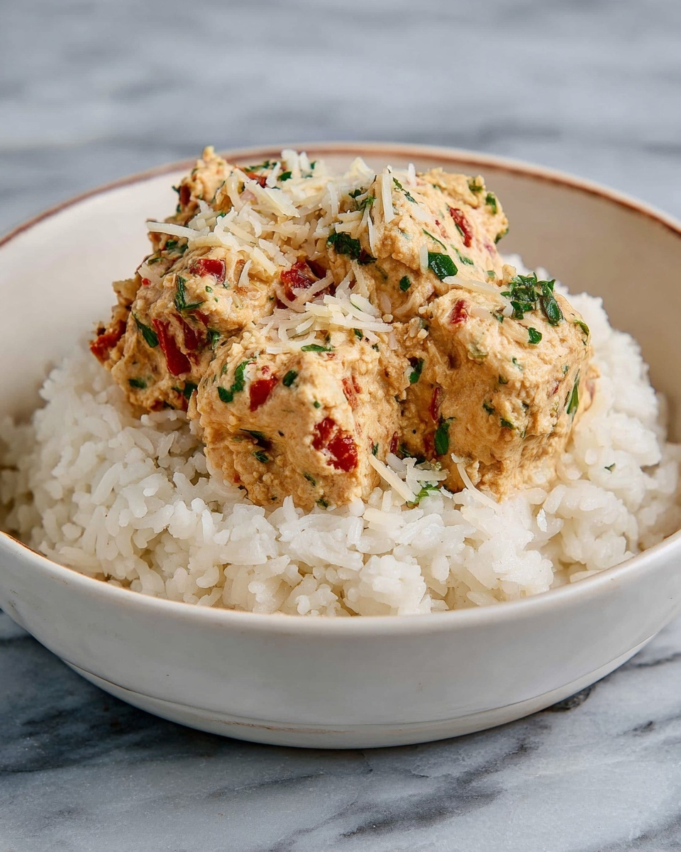 Sun-Dried Tomato Cashew Cream - A white bowl filled with a layer of fluffy white rice. On top, there is a mound of creamy, light brown meatballs that have visible bits of green herbs and small red tomato pieces mixed in. The meatballs are roughly shaped and have a textured surface with some shredded cheese sprinkled on top. Small green herb pieces are also scattered over the rice. The bowl sits on a white marbled surface. photo taken with an iphone --ar 2:3 --v 7