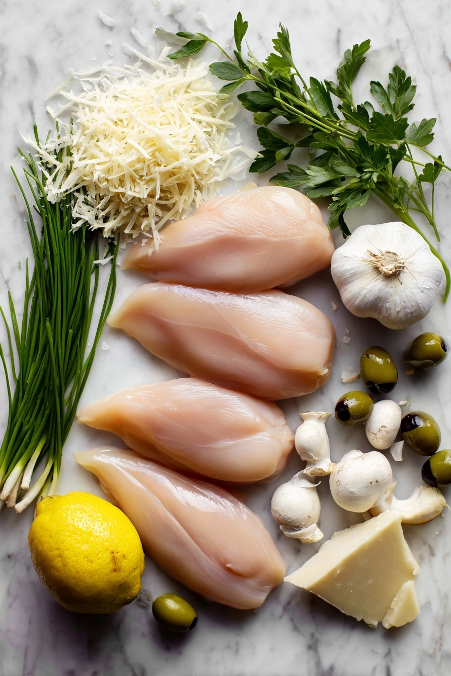 creamy mushroom chicken - Flat lay of four plump, raw boneless skinless chicken breasts with a pale pink hue next to a cluster of fresh white button mushrooms with smooth caps, bright green sprigs of parsley and slender chives adding vibrant contrast, three garlic cloves with papery white skins slightly cracked open, a small pile of finely grated Parmesan cheese showing soft, pale yellow shreds, a wedge of lemon with bright yellow rind and juicy interior, and a few glossy green olive oil olives scattered gently, all arranged naturally with soft shadows and textures visible, placed on white marbled surface, photo taken with an iphone --ar 2:3 --v 7