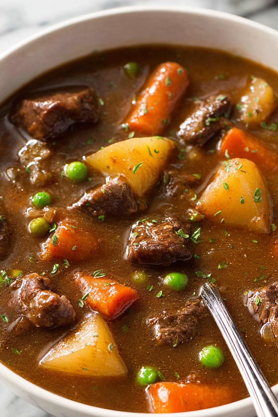 Guinness vegetable soup - A close-up view of a thick stew filled with several layers of chunky ingredients floating in a rich brown broth. The stew has medium-sized pieces of tender dark brown meat scattered throughout, bright orange carrot pieces, green peas, chunks of light yellow potatoes, and bits of celery, all mixed with small green herb sprinkles on top. The liquid looks smooth and slightly shiny, covering everything evenly. A silver spoon rests inside the bowl from the right edge. The bowl is white, sitting on a white marbled surface. Photo taken with an iphone --ar 2:3 --v 7