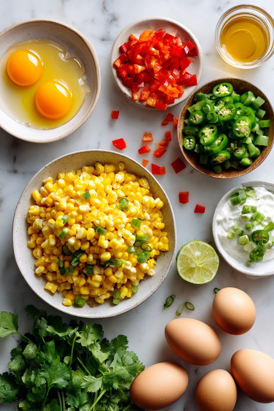 Flat lay of bright yellow cooked corn kernels, chopped red and green bell peppers, fresh green cilantro leaves, finely sliced green onions, vibrant green jalapeño pieces, raw brown eggs cracked open showing golden yolks, golden honey drizzles, and a small bowl of creamy white Greek yogurt mixed with tiny jalapeño bits and a splash of lime, placed on a white marble surface, photo taken with an iphone --ar 2:3 --v 7