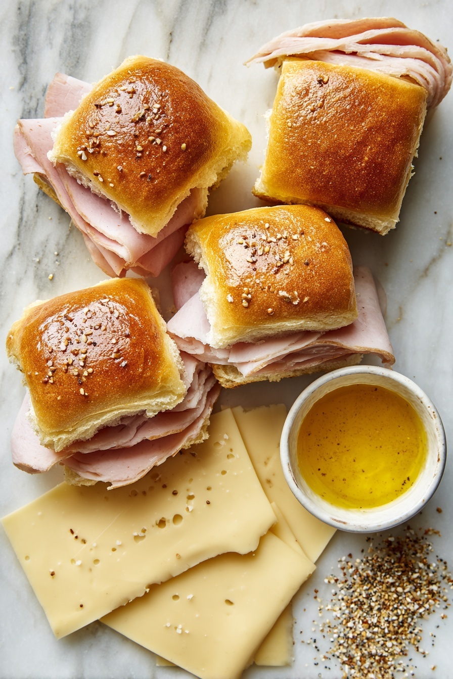 Flat lay of soft, shiny Hawaiian rolls, thin slices of deli turkey, delicate slices of Swiss cheese with small holes, a small dish of melted golden butter infused with Dijon mustard and Worcestershire sauce, and a sprinkle of everything bagel seasoning scattered artfully nearby, all placed on a white marble surface, photo taken with an iphone --ar 2:3 --v 7