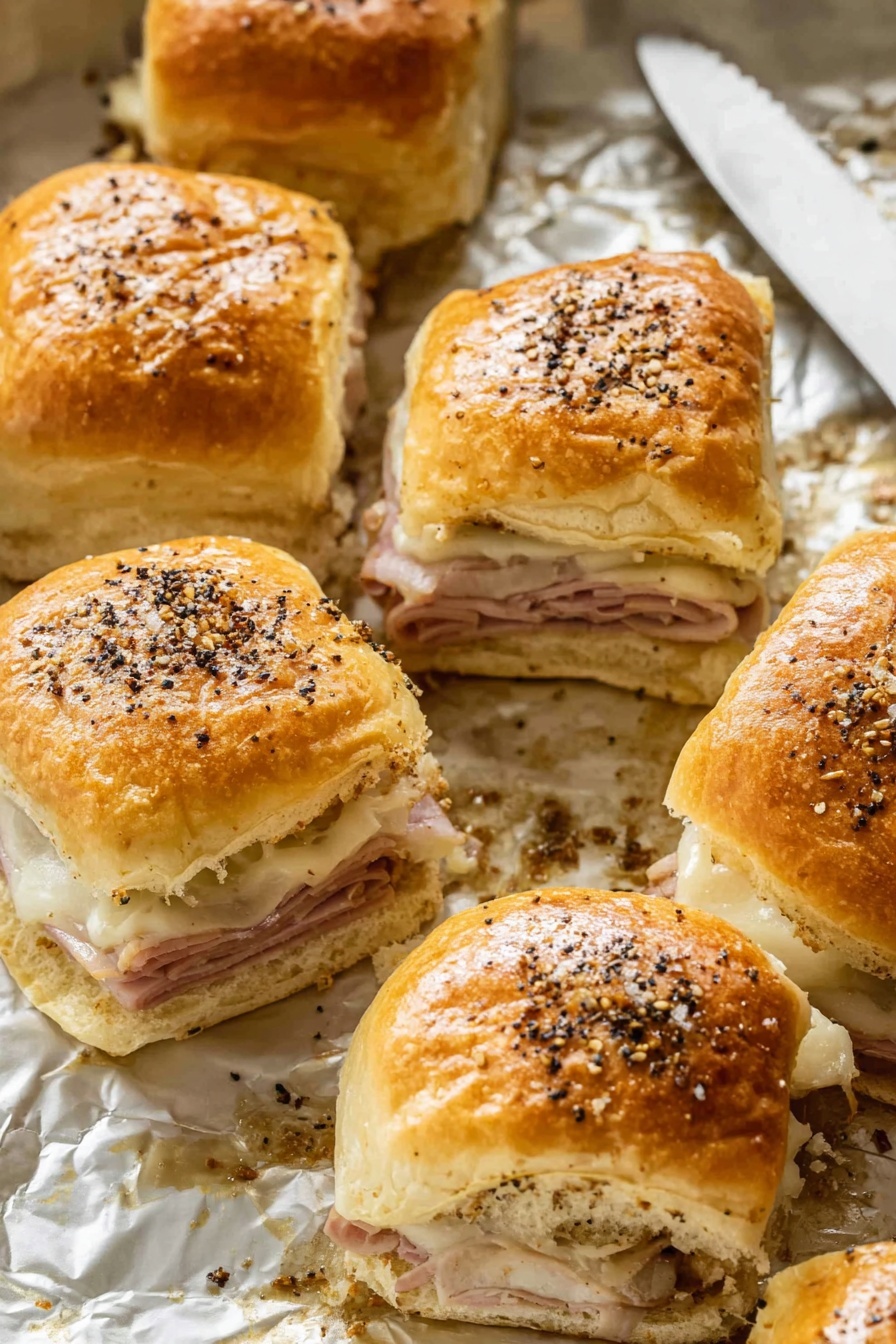 A close-up of a small sandwich held by a woman's hand, showing three main layers inside: a top golden brown shiny bun with black sesame seeds, a middle layer of melted light yellow cheese on thin pink slices of meat, and a bottom soft bun with a light golden color. The background shows more similar sandwiches blurred on a white marbled surface photo taken with an iphone --ar 2:3 --v 7