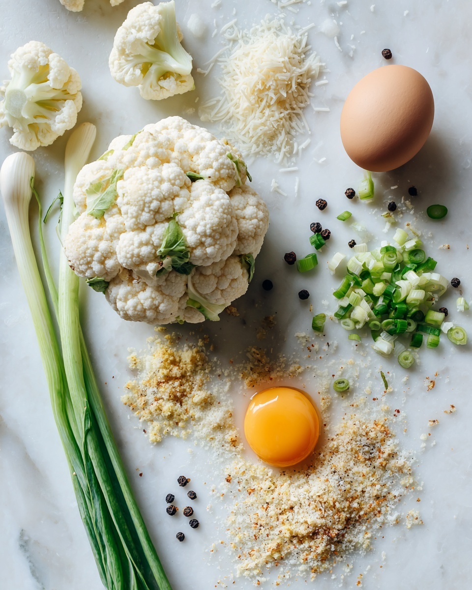 Flat lay of fresh cauliflower florets, golden Italian breadcrumbs, a small mound of grated parmesan cheese, a cracked large egg with vibrant yolk visible, bright green chopped spring onions, and a sprinkle of garlic and onion powder powders artfully arranged alongside a few scattered black peppercorns, all placed on a white marble surface, photo taken with an iphone --ar 2:3 --v 7