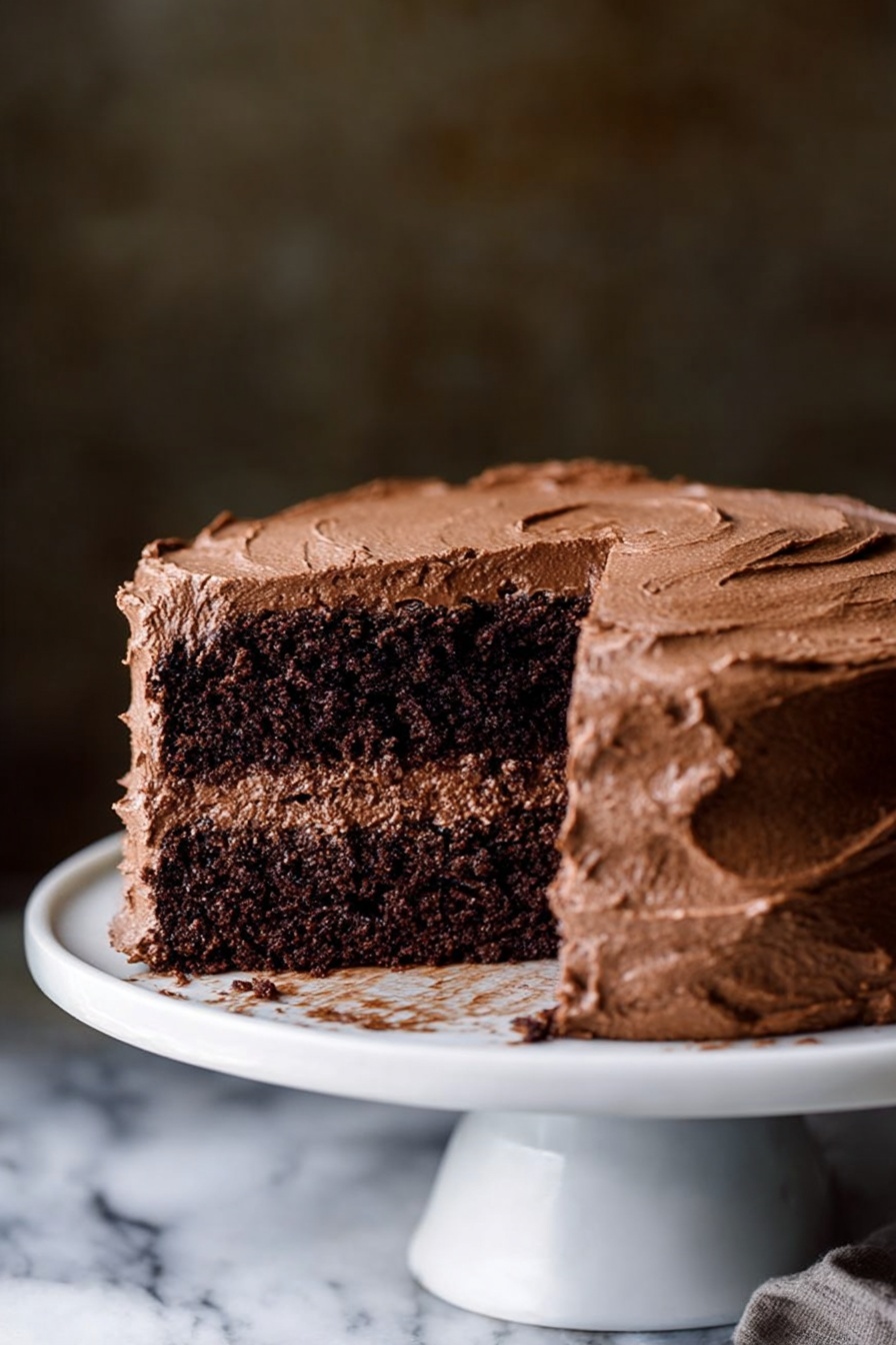 A two-layer chocolate cake with thick, creamy chocolate frosting covering the outside and between the layers is shown on a white cake stand. The bottom layer is dark and dense, with the top layer a bit lighter, both surrounded by smooth and slightly textured chocolate frosting. A large slice is removed, revealing the moist inside and showing the frosting spread evenly. The cake stand rests on a white marbled surface with a blurred dark brown background. Photo taken with an iphone --ar 2:3 --v 7
