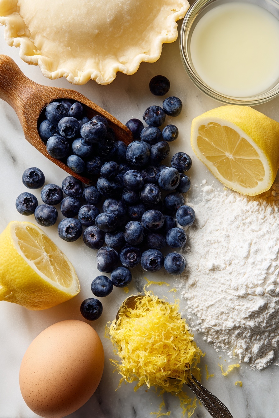 Flat lay of plump fresh blueberries spilling from a small wooden scoop, bright yellow lemon zest finely grated into delicate curls, a halved lemon showing its juicy interior, a mound of white granulated sugar sparkling in soft light, smooth white cornstarch dusted gently nearby, two sheets of flaky pale pie dough with a slightly golden edge, a single large brown egg with a rich shell, and a small glass bowl of pale lemon juice, all beautifully arranged on a white marble surface, photo taken with an iphone --ar 2:3 --v 7