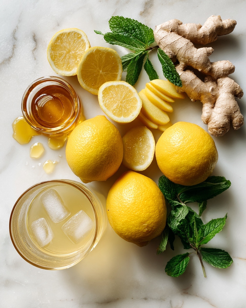 Flat lay of bright yellow Meyer lemons, a small pile of golden honey dripping slightly, thin slices of fresh pale ginger with visible fibrous texture, sprigs of vibrant green mint leaves, and a clear glass of pale lemonade with ice cubes reflecting light, all beautifully arranged and spaced evenly, placed on a white marble surface, photo taken with an iphone --ar 2:3 --v 7