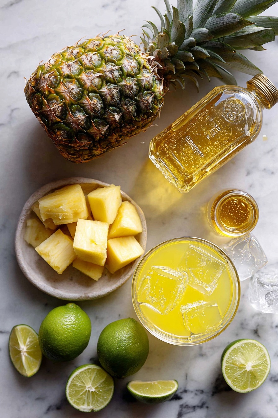 Flat lay of fresh pineapple chunks on a skewer, a small glass bottle of golden coconut rum, a clear glass filled with bright yellow pineapple juice, fresh green lime wedges, sparkling lemon-lime soda bubbles visible in a clear bottle, glossy ice cubes glistening, and a small jar of simple syrup with a golden hue, all beautifully arranged with vibrant colors and textures, placed on a white marble surface, photo taken with an iphone --ar 2:3 --v 7