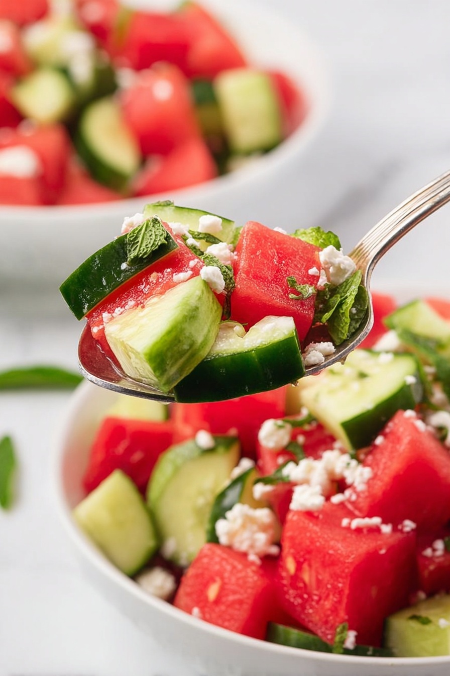 The image shows a close-up of a fresh watermelon salad held on a spoon above a white bowl on a white marbled surface. The salad has three main layers: bright red watermelon cubes with a juicy texture form the base, medium green cucumber slices with a smooth surface add a fresh look, and small white crumbles of cheese are scattered on top adding contrast. Light green mint leaves are mixed in for extra color. The background is softly blurred with another white bowl filled with more of the same salad visible. photo taken with an iphone --ar 2:3 --v 7