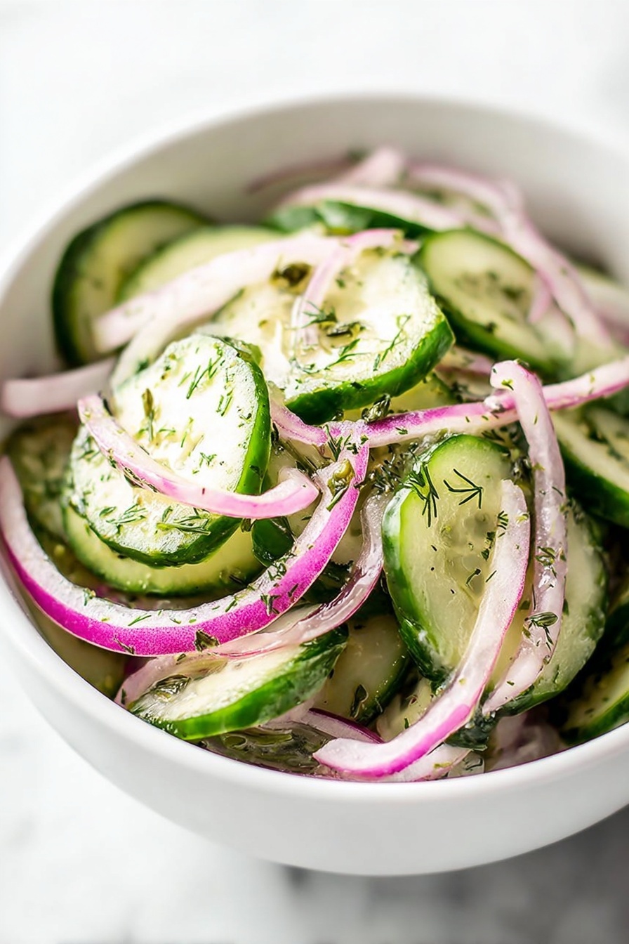 A white bowl filled with thin slices of green cucumber and long, curved strips of light purple onion, mixed together and sprinkled with small green herb flakes that look like dill. The cucumber slices have a smooth texture with dark green edges, and the onion strips are semi-transparent with a hint of white. The salad looks fresh and lightly coated with a dressing that gives a slight shine on the surface. The bowl sits on a white marbled surface. photo taken with an iphone --ar 2:3 --v 7