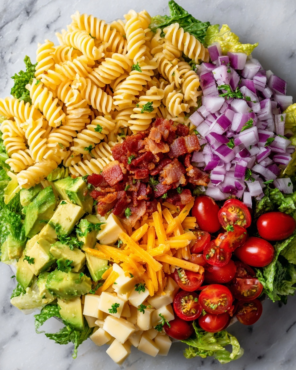 Flat lay of cooked rotini pasta with its spiral shapes, crispy chopped bacon pieces, bright red cherry tomatoes cut in halves, small cubes of sharp cheddar cheese, creamy green avocado chunks, finely diced red onion, fresh torn romaine lettuce leaves, and a sprinkle of chopped fresh parsley, all beautifully arranged in a colorful and inviting composition, placed on a white marble surface, photo taken with an iphone --ar 2:3 --v 7