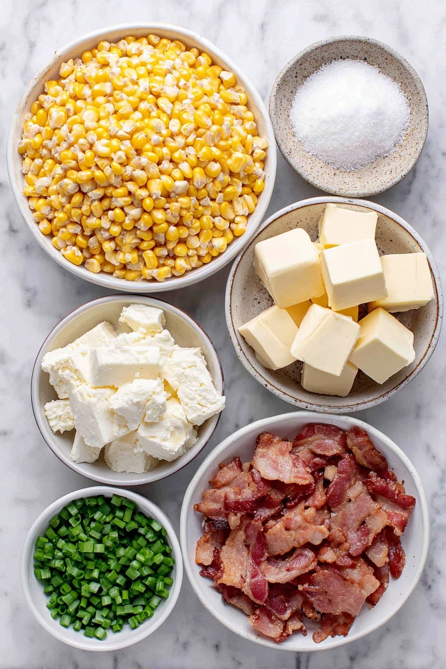 Flat lay of fresh yellow corn kernels loose and bright, a small white bowl of white granulated sugar, a small white bowl of fine salt crystals, a small white bowl filled with whole milk, several small cubes of pale yellow butter neatly arranged, cream cheese cut into white cubes, whole black peppercorns scattered carefully, crispy cooked bacon slices crumbled into small pieces, a small white bowl holding thinly sliced vibrant green chives, all ingredients placed on a clean white marble surface, soft natural light, photo taken with an iPhone, professional food photography style, fresh ingredients, white ceramic bowls, no bottles, no duplicates, no utensils, no packaging --ar 2:3 --v 7 --p awthu7i m7354615311229779997