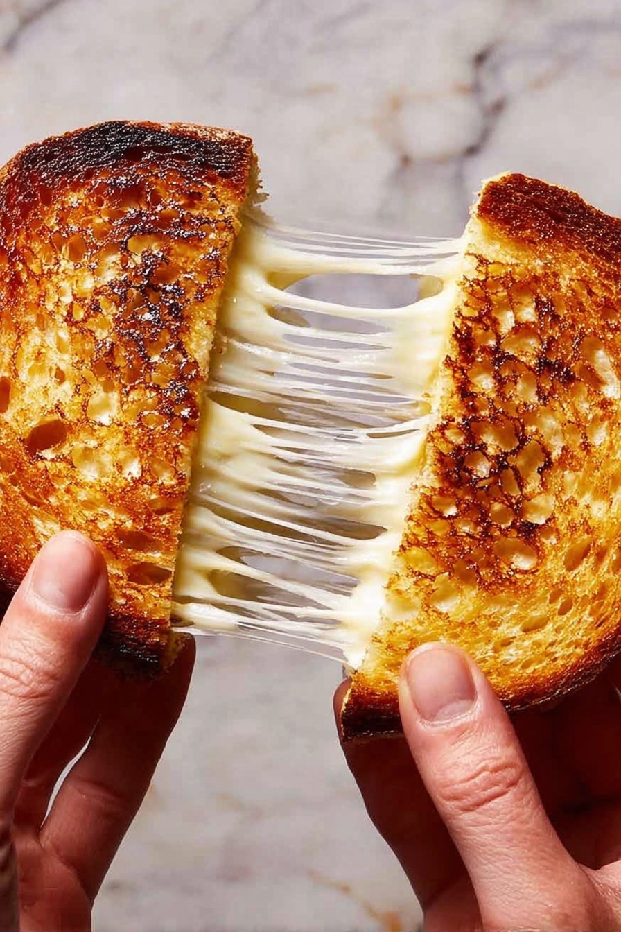 Two slices of golden brown toasted bread are being pulled apart by two pairs of fingers, showing melted white cheese stretching in thin, stringy layers between them. The bread has a crispy, textured surface with darker toasted spots. The background is a white marbled texture. Photo taken with an iphone --ar 2:3 --v 7