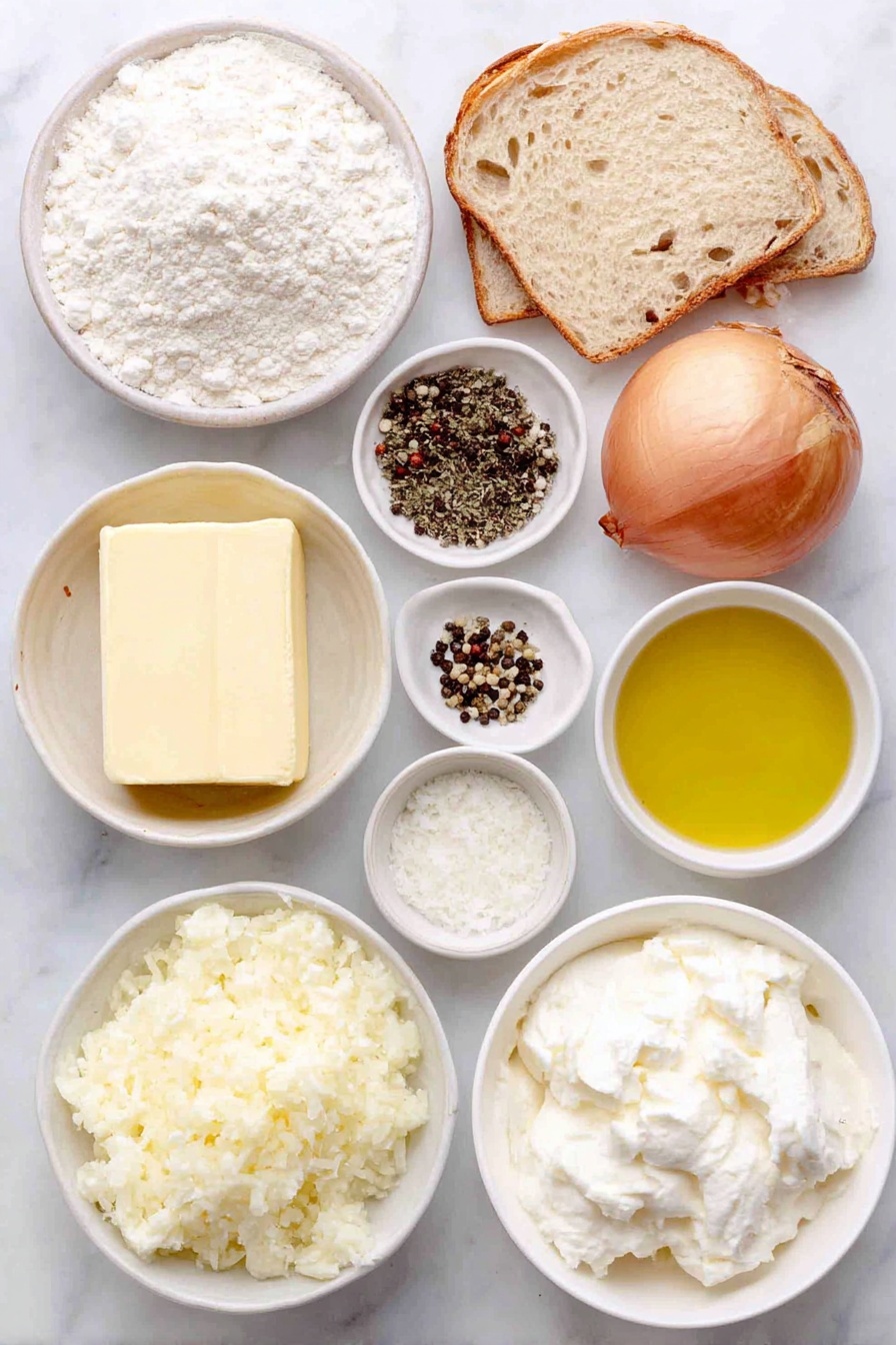 Flat lay of unsalted butter in a small white ceramic bowl, one whole yellow onion, minced fresh garlic in a small white ceramic bowl, all purpose flour in a small white ceramic bowl, vegetable broth in a small white ceramic bowl, a small white ceramic bowl filled with crushed fresh tomatoes, a small white ceramic bowl with smooth tomato paste, heavy whipping cream in a small white ceramic bowl, whole black peppercorns and coarse sea salt scattered neatly, a whole parmesan rind piece, golden extra virgin olive oil in a small white ceramic bowl, two slices of rustic sourdough bread, two slices of white cheddar cheese, two slices of fresh mozzarella cheese all arranged symmetrically on a clean white marble surface, soft natural light, photo taken with an iPhone, professional food photography style, fresh ingredients, white ceramic bowls, no bottles, no duplicates, no utensils, no packaging --ar 2:3 --v 7 --p awthu7i m7354615311229779997