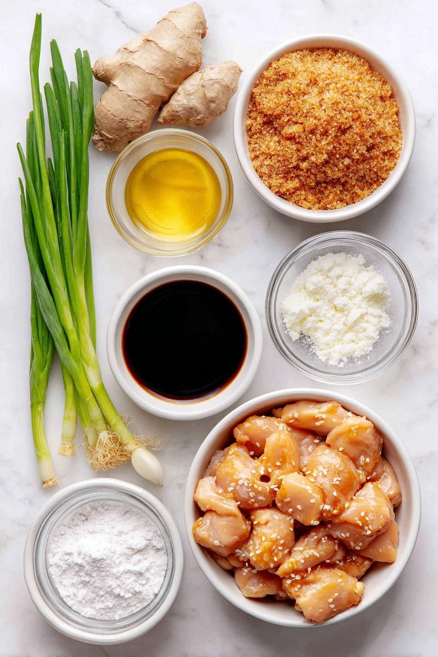 Flat lay of a small mound of light brown sugar, a few garlic cloves minced finely, a small piece of fresh ginger root with part grated, a few sprigs of green onion thinly sliced, a scattering of toasted sesame seeds, some raw boneless skinless chicken thighs cut into chunks, a whole egg with a clean uncracked shell, a small white ceramic bowl of dark low-sodium soy sauce, a small white ceramic bowl of golden honey, a small white ceramic bowl of pale rice wine vinegar, a small white ceramic bowl of light sesame oil, a small white ceramic bowl with clear cold water, and another small white ceramic bowl holding white cornstarch powder, all arranged with perfect symmetry on a clean white marble surface, soft natural light, photo taken with an iPhone, professional food photography style, fresh ingredients, white ceramic bowls, no bottles, no duplicates, no utensils, no packaging --ar 2:3 --v 7 --p awthu7i m7354615311229779997