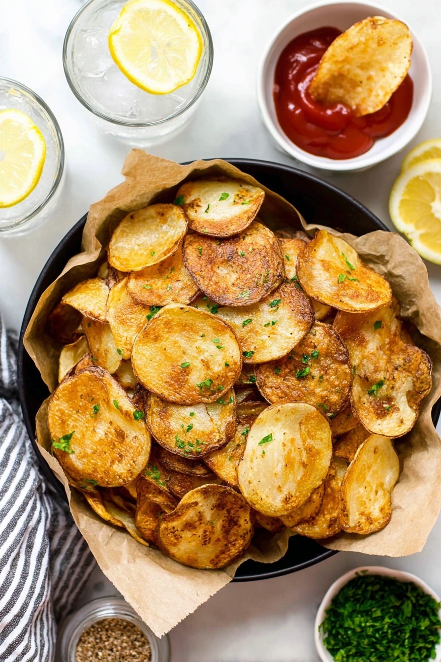 A black bowl lined with light brown parchment paper is filled with many round, golden brown potato chips that have a crispy texture and are sprinkled with small green parsley leaves. To the top right, there is a white bowl with red ketchup and a single potato chip dipped in it. Another small white bowl nearby holds some chopped green parsley. Two clear glasses with lemon slices and ice cubes are placed in the background on a white marbled surface. A striped cloth is partially visible at the bottom left corner with a small container of seasoning next to it. photo taken with an iphone --ar 2:3 --v 7