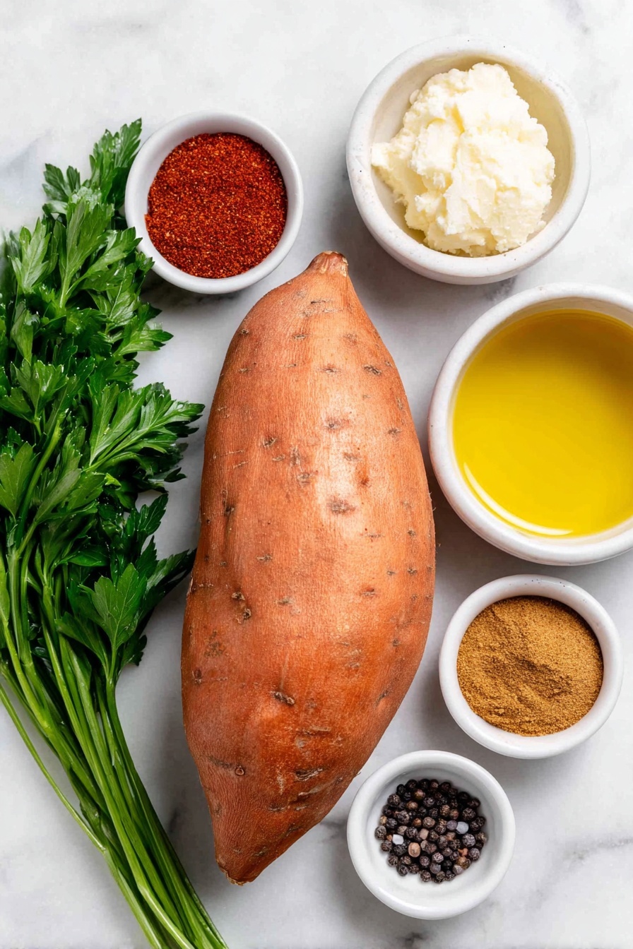 Flat lay of a whole medium to large sweet potato with vibrant orange skin, a small white ceramic bowl of deep red chili powder, a small white ceramic bowl of coarse sea salt crystals, a small white ceramic bowl of cracked black peppercorns, a small white ceramic bowl of warm brown ground cumin, a few fresh bright green parsley sprigs loosely arranged, and a small white ceramic bowl filled with golden olive oil, all placed on a clean white marble surface, soft natural light, photo taken with an iPhone, professional food photography style, fresh ingredients, white ceramic bowls, no bottles, no duplicates, no utensils, no packaging --ar 2:3 --v 7 --p awthu7i m7354615311229779997