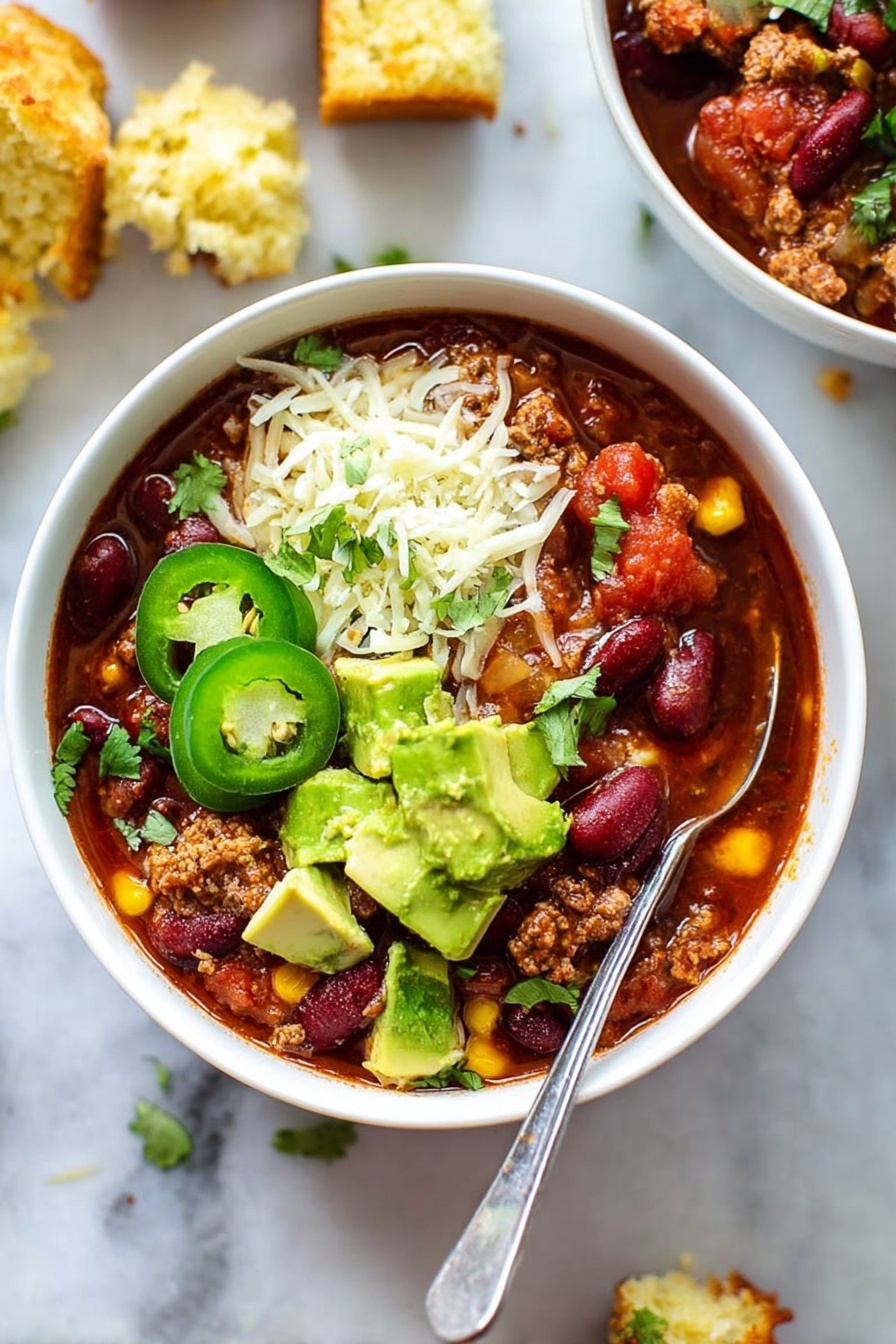 Two white bowls filled with chili sit on a white marbled surface. Each bowl has a vibrant mix of red and dark red beans, orange kidney beans, chunks of browned meat, and orange bell peppers in a thick red tomato sauce. On top, there are layers of shredded white cheese, dollops of white sour cream, diced green avocado, and thin green sliced jalapeños with bright green cilantro leaves. A silver spoon is in the closer bowl. To the right, a white rectangular plate holds several pieces of golden cornbread with a crumbly texture, and a small white bowl with shredded cheese is placed to the left. Photo taken with an iphone --ar 2:3 --v 7