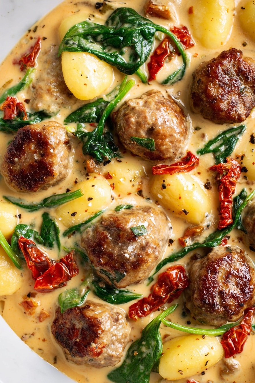 This close-up image shows a creamy dish with several browned meatballs scattered throughout. Around the meatballs are soft, yellow gnocchi pieces, all covered in a light orange creamy sauce speckled with herbs and black pepper. Bright green spinach leaves add a fresh touch, some partially soaked in the sauce. Small pieces of sun-dried, reddish tomatoes are mixed in, giving spots of deeper color against the creamy base. The textures show a mix of smooth sauce, tender gnocchi, and firm, seared meatballs. The dish is placed on a white marbled surface. photo taken with an iphone --ar 2:3 --v 7