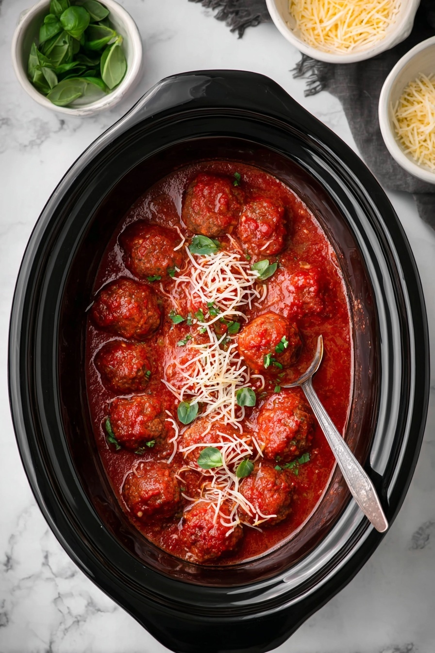 A black slow cooker holds a single layer of round meatballs covered in a thick red tomato sauce. The meatballs have a slightly rough texture and rest in a shallow pool of sauce that spreads evenly within the cooker. On top of the meatballs, there is a sprinkle of shredded pale yellow cheese and small green basil leaves scattered across the middle. A silver spoon lies on the right side among the meatballs, partially submerged in the sauce. Around the slow cooker, two small white bowls sit on a white marbled surface, one with fresh green basil leaves and the other with more shredded cheese. Photo taken with an iphone --ar 2:3 --v 7