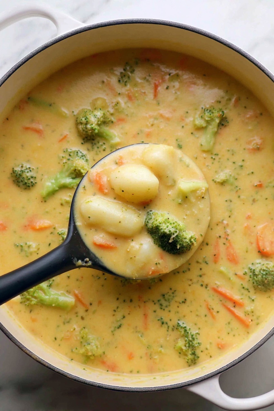 A close-up view of a white pot filled with thick yellow creamy soup. The soup has visible small green broccoli florets, orange carrot shreds, and soft white gnocchi pieces mixed evenly throughout. A black spoon lifts a scoop showing a rich texture with the vegetables and gnocchi standing out clearly. The pot sits on a white marbled surface. photo taken with an iphone --ar 2:3 --v 7