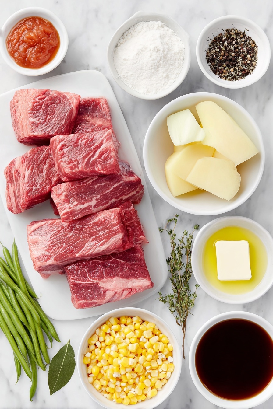 Flat lay of raw chuck roast cut into thick chunks, a small pile of coarse black peppercorns next to a small mound of kosher salt, a small white ceramic bowl with flour, a small block of unsalted butter, a small white bowl with golden canola oil, half of a yellow onion roughly chopped, four whole garlic cloves unpeeled, two thick carrot chunks, two chopped Yukon potatoes, a small white bowl filled with bright yellow corn kernels, a small white bowl with dark rich beef broth, a small white bowl containing deep red tomato paste, a fresh bay leaf, a few sprigs of thyme, a small white bowl with dark Worcestershire sauce, a handful of fresh green beans, and a small white bowl with green peas, all arranged symmetrically and balanced on a clean white marble surface, soft natural light, photo taken with an iPhone, professional food photography style, fresh ingredients, white ceramic bowls, no bottles, no duplicates, no utensils, no packaging --ar 2:3 --v 7 --p m7354615311229779997