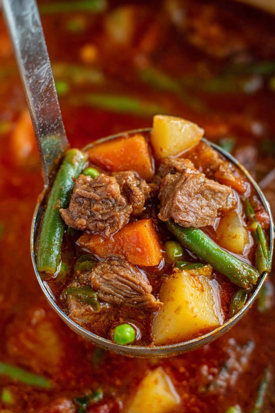 A close-up view shows a ladle full of soup held over a pot of stew on a white marbled surface. The stew has three main layers: the top layer is a thick red-brown broth with chunks of tender brown meat, orange carrot pieces, and green beans. The middle layer consists of yellow potato cubes and small green peas, all mixed in the rich liquid. The bottom layer is a blend of more vegetables and meat, partially visible beneath the surface, giving a hearty and colorful look. The metal ladle reflects the warm colors of the stew, and the image captures the stew's texture clearly. Photo taken with an iphone --ar 2:3 --v 7