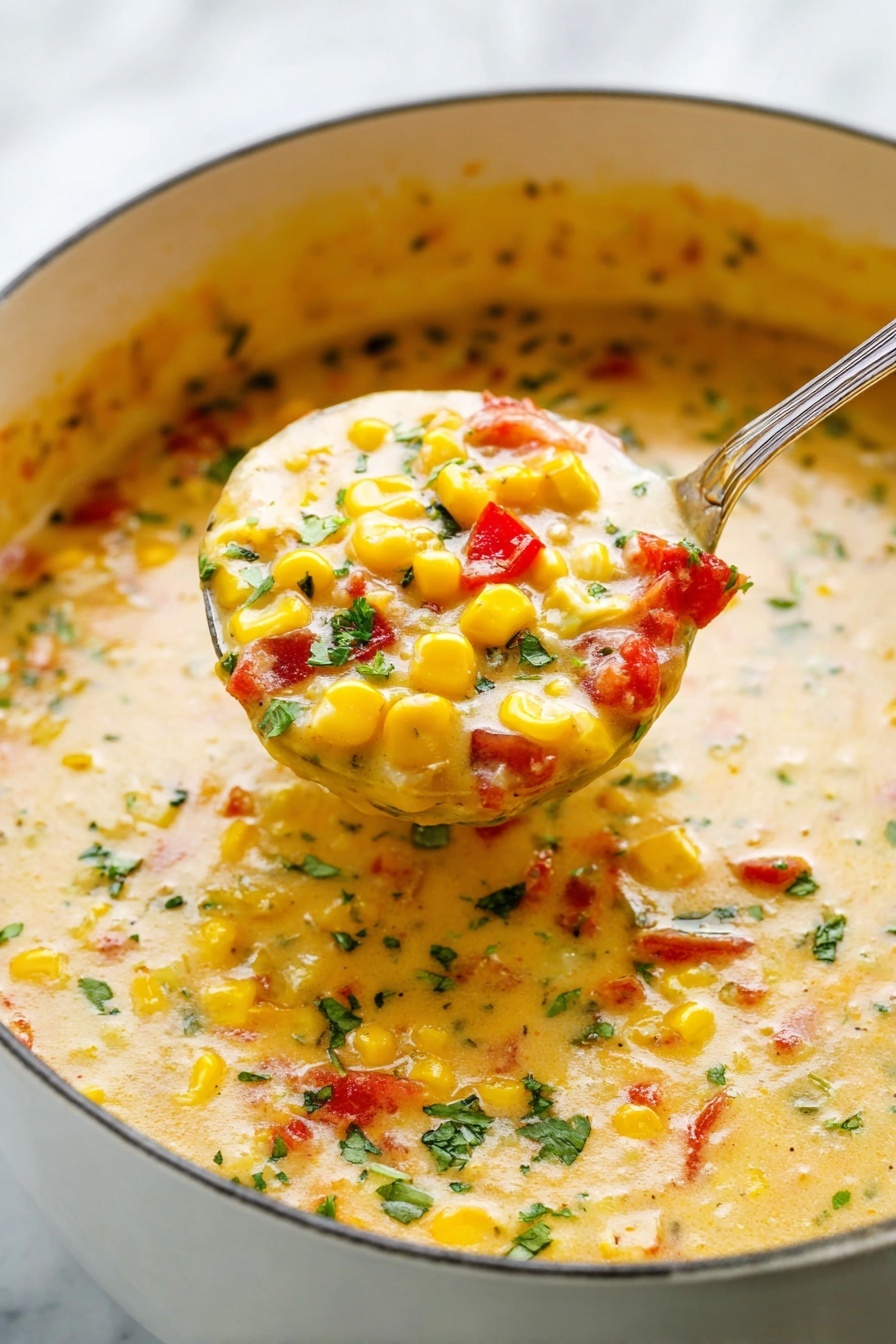 The image shows a close-up of a thick creamy soup in a white pot. The soup has a yellowish base mixed with small pieces of bright yellow corn and diced red tomatoes. There are flecks of green herbs sprinkled throughout, adding color contrast. A metal ladle is lifting a portion of the soup, filled with corn, tomatoes, and herbs, creating a textured and colorful mix against the smooth creamy background. The setting has a white marbled surface in the background. photo taken with an iphone --ar 2:3 --v 7