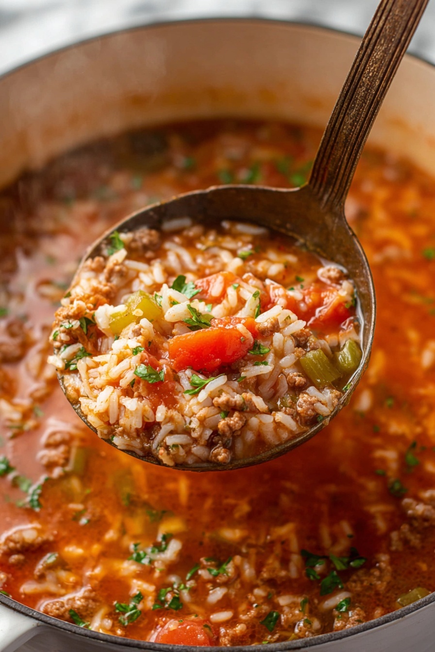 stuffed pepper soup - A close-up view of a ladle full of a thick stew showing three layers: the top layer has small, bright red tomato chunks mixed with green parsley flakes, the middle layer contains soft white rice grains, and the bottom layer features crumbly brown ground meat pieces all mixed in a reddish-orange tomato broth with some green vegetable bits scattered throughout, resting in a large white pot with steam rising in the background over a white marbled surface. photo taken with an iphone --ar 2:3 --v 7