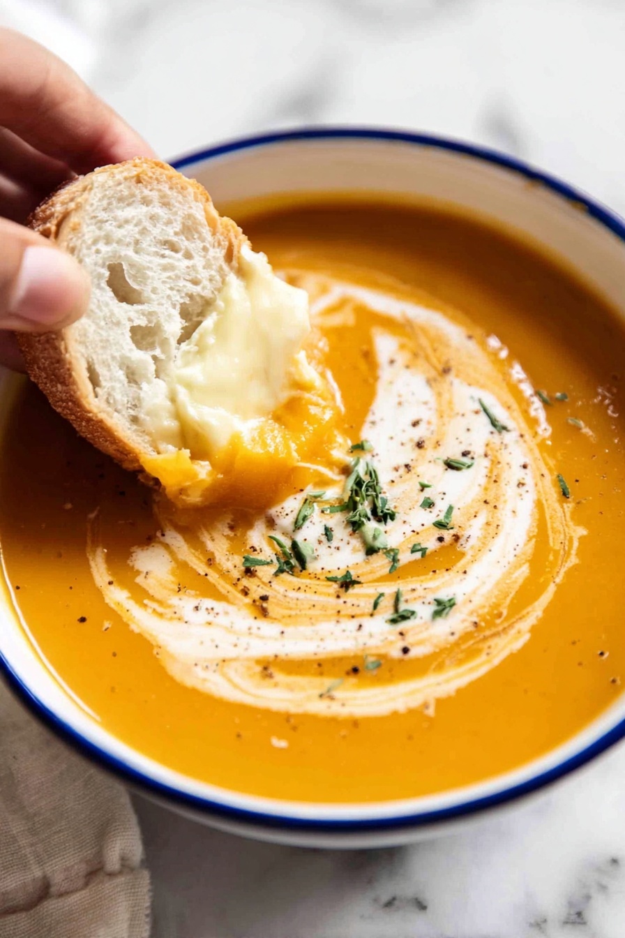 Creamy Pumpkin Soup - The image shows a thick creamy orange soup in a black pot positioned on a white marbled surface. The soup’s surface is smooth with a swirl of white cream creating a spiral pattern on top. A large silver spoon is partially dipped into the soup, catching light to show its shiny metal texture. The colors contrast nicely with the warm orange soup and the white cream swirl. Photo taken with an iphone --ar 2:3 --v 7
