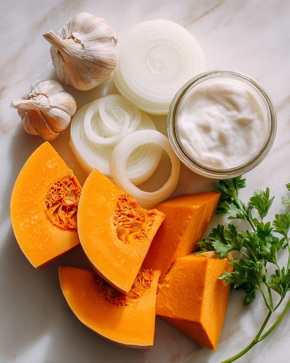 Creamy Pumpkin Soup - Flat lay of vibrant orange pumpkin chunks with smooth, matte skin, nestled beside a glossy whole butternut squash sliced lengthwise to reveal its deep orange flesh, crisp white and brown onion slices showing delicate layers, two shiny garlic cloves with papery skin intact, a small heap of fresh green parsley leaves adding a pop of color, and a small glass jar filled with thick, creamy white cream showcasing its rich texture, all naturally arranged with gentle overlaps and soft shadows, placed on white marbled surface, photo taken with an iphone --ar 2:3 --v 7
