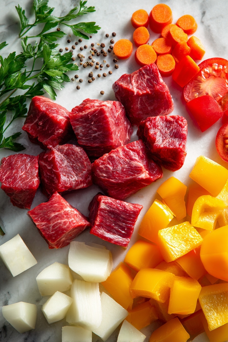 Hungarian Goulash - Flat lay of fresh beef chuck cubes with rich deep red color and marbled fat, bright red and vibrant yellow bell peppers cut into neat squares, plump red tomato wedges showing juicy flesh, peeled orange carrots sliced lengthwise revealing smooth surfaces, creamy white potatoes in clean cubes, glossy brown onions diced into small squares, scattered rustic caraway seeds with textured brown appearance, and a fresh sprig of bright green parsley with delicate leaves, all arranged naturally with some overlapping and space in between to highlight textures and colors, placed on white marbled surface, photo taken with an iphone --ar 2:3 --v 7