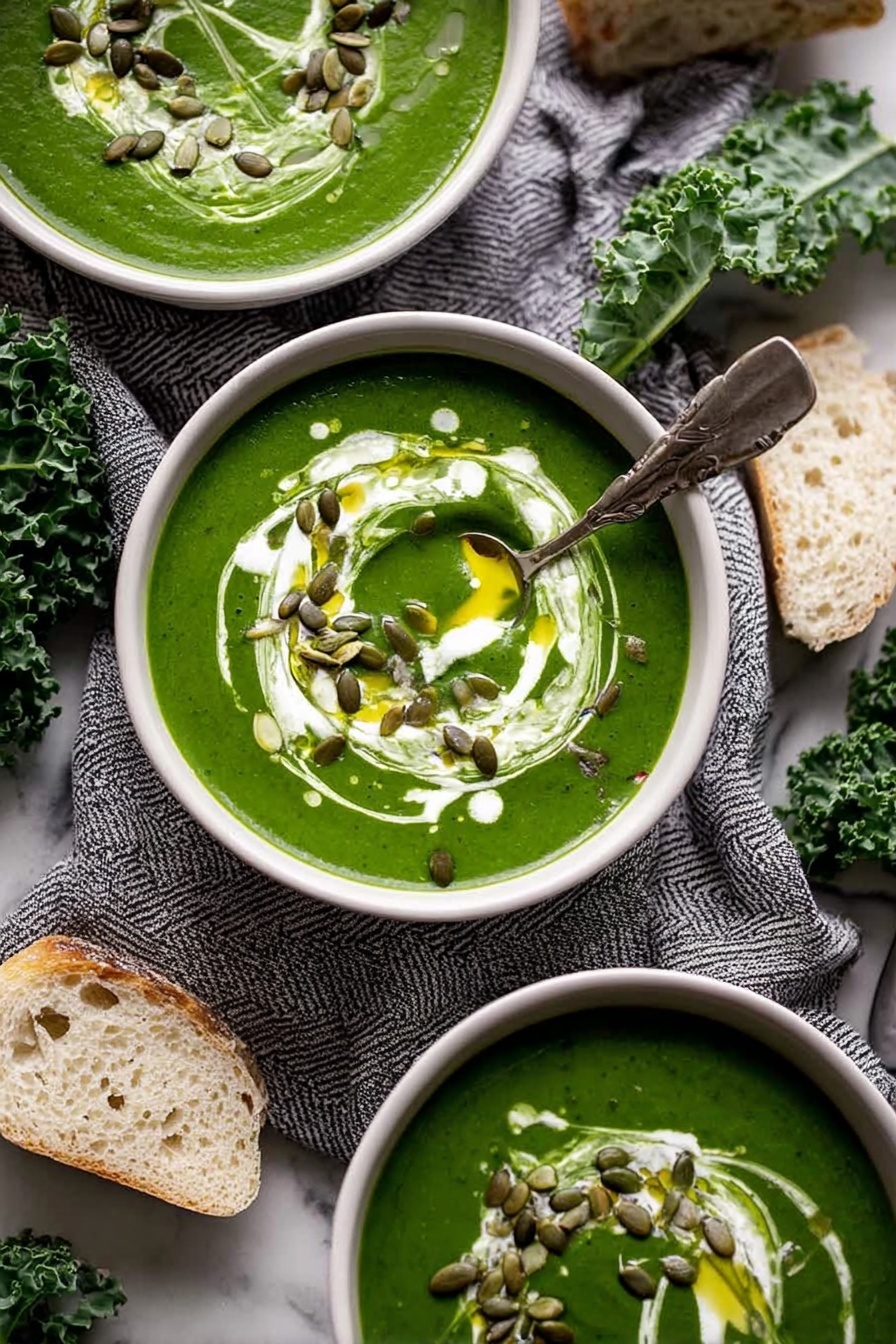 Green Goddess Soup - The image shows a bowl of thick green soup with a creamy white swirl on top, creating a soft contrast in color and texture. In the center, a piece of light, soft bread is being dipped into the soup by a woman's hand. The soup looks smooth with tiny bits visible and some small seeds or grains sprinkled on the surface. The bowl is white, placed on a white marbled surface, and in the background, there is another similar bowl with soup, slightly out of focus. The whole picture is lit softly, emphasizing the fresh green color of the soup and the texture of the bread. Photo taken with an iphone --ar 2:3 --v 7