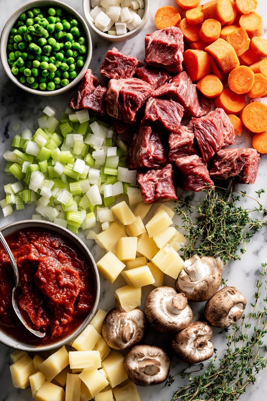 Guinness vegetable soup - Flat lay of fresh cubed stewing beef with marbled fat, whole orange carrots sliced into rounds, bright green celery sticks cut into slices, chopped white onion with delicate layers visible, small brown mushrooms halved showcasing their texture, vibrant green frozen peas still frosty, two golden-yellow potatoes cut into cubes, a small bunch of fresh thyme sprigs with tiny green leaves, and a spoonful of rich red tomato paste with a glossy surface, placed on white marbled surface, photo taken with an iphone --ar 2:3 --v 7