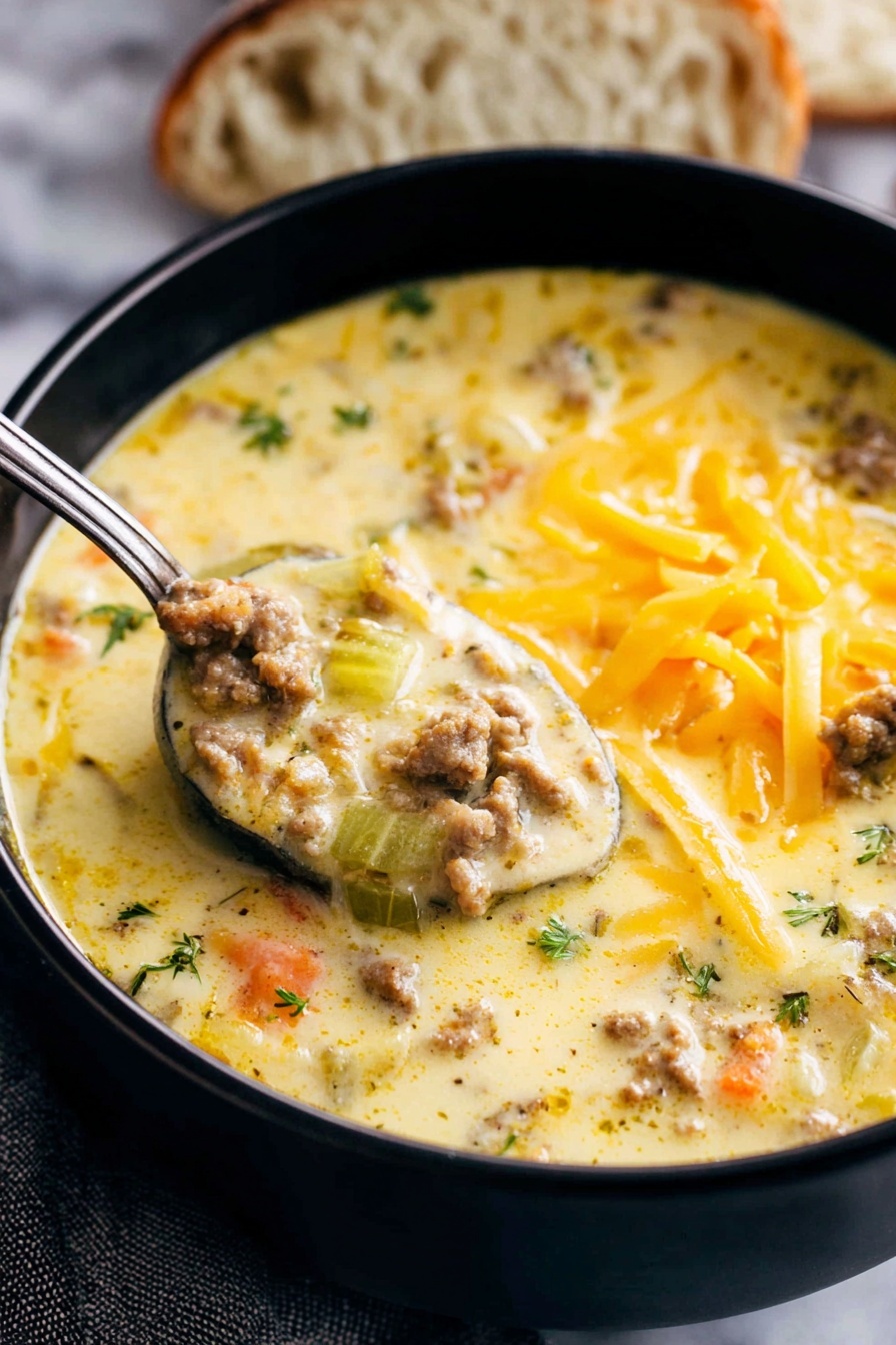cheeseburger soup - The image shows a creamy yellow soup in a white pot with a thick texture made of several ingredients. There are visible chunks of light yellow potatoes, green pickles, small brown pieces of meat, and small bits of orange carrots scattered throughout the soup. The creamy base has a smooth texture with some black pepper specks and herbs spread all over. A ladle is lifting a portion of the soup, highlighting the chunky ingredients and creamy consistency against the white marbled background. Photo taken with an iphone --ar 2:3 --v 7