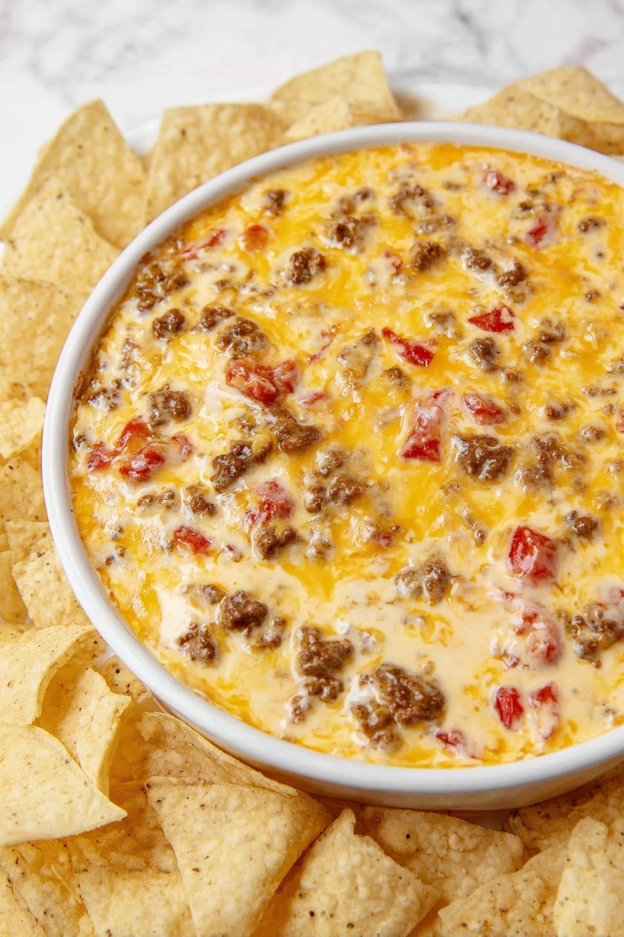 A shallow white bowl is filled with a creamy cheesy dip that looks thick and slightly bubbly. The dip has a golden yellow cheese base, mixed with small brown crumbles of cooked meat and bright red diced tomatoes evenly spread throughout. The bowl is placed on a white marbled surface with light beige tortilla chips scattered around the bowl’s edge. Photo taken with an iphone --ar 2:3 --v 7