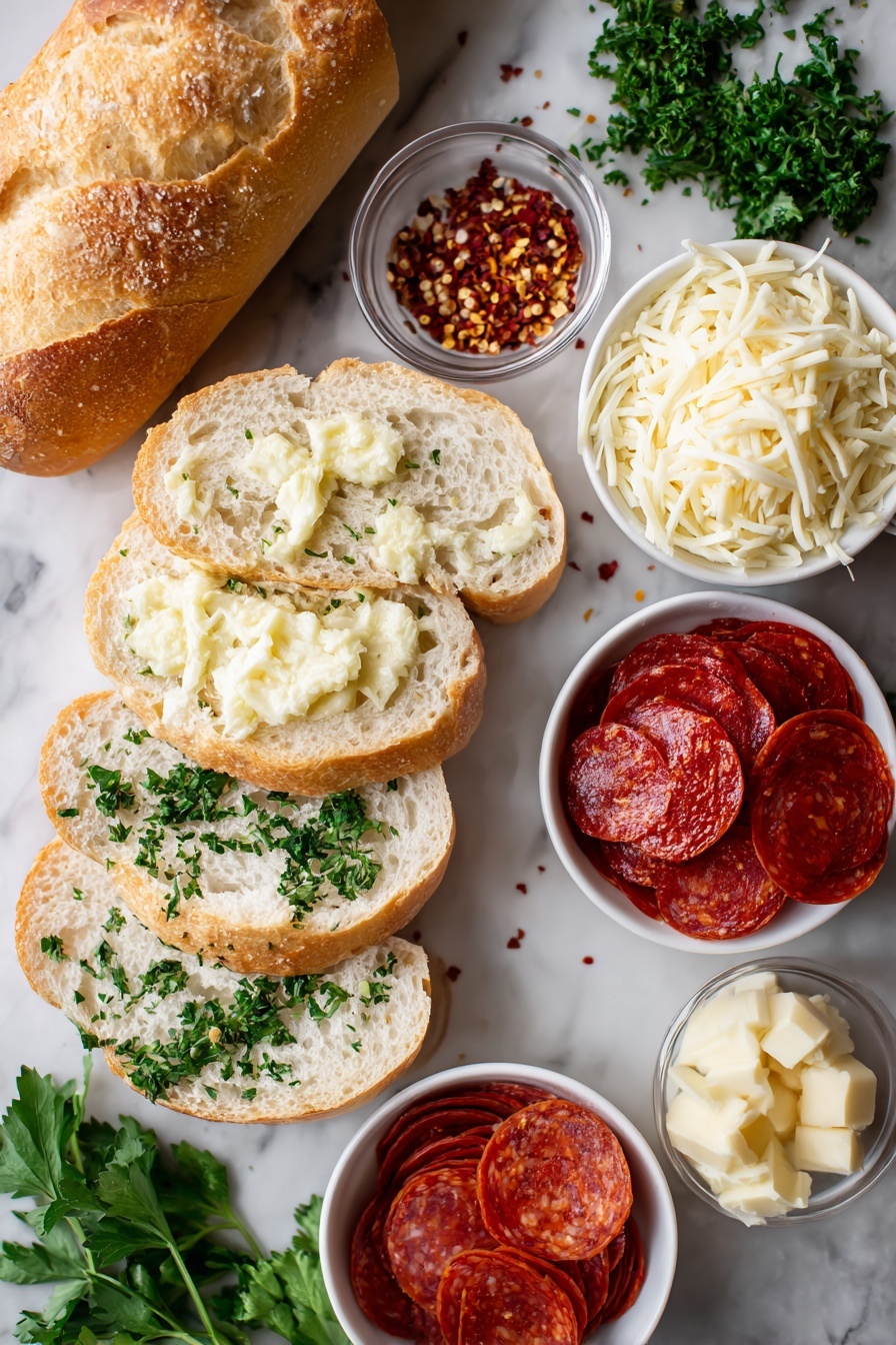 Flat lay of sliced French bread with a soft crust, a generous curl of softened salted butter mixed with finely minced garlic and chopped fresh parsley, bright red pizza sauce dollops, shredded low-moisture mozzarella cheese heaps, thin round pepperoni slices, small piles of grated Parmesan cheese, vibrant red pepper flakes scattered lightly, and fresh green parsley leaves for garnish, all beautifully arranged and placed on a white marble surface, photo taken with an iphone --ar 2:3 --v 7