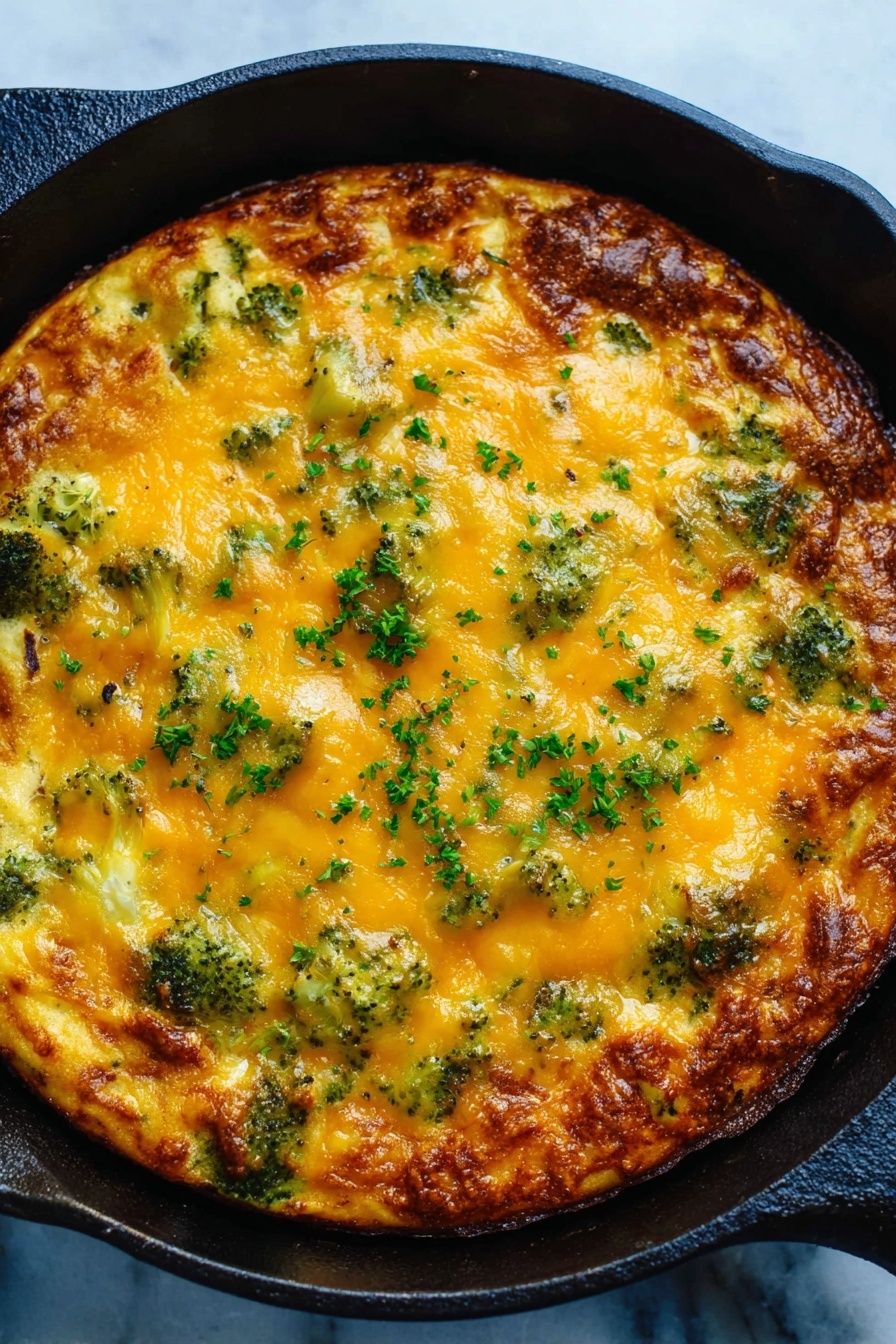 A baked dish in a black cast iron pan with a thick golden-yellow top layer of melted cheese, dotted with pieces of green broccoli throughout. The edges are puffed and browned, giving a crispy look, while the surface is sprinkled with small bits of fresh green herbs. The cheese layer has a slightly bubbly and smooth texture with some areas crispy and darker in color. The pan sits on a white marbled surface. photo taken with an iphone --ar 2:3 --v 7