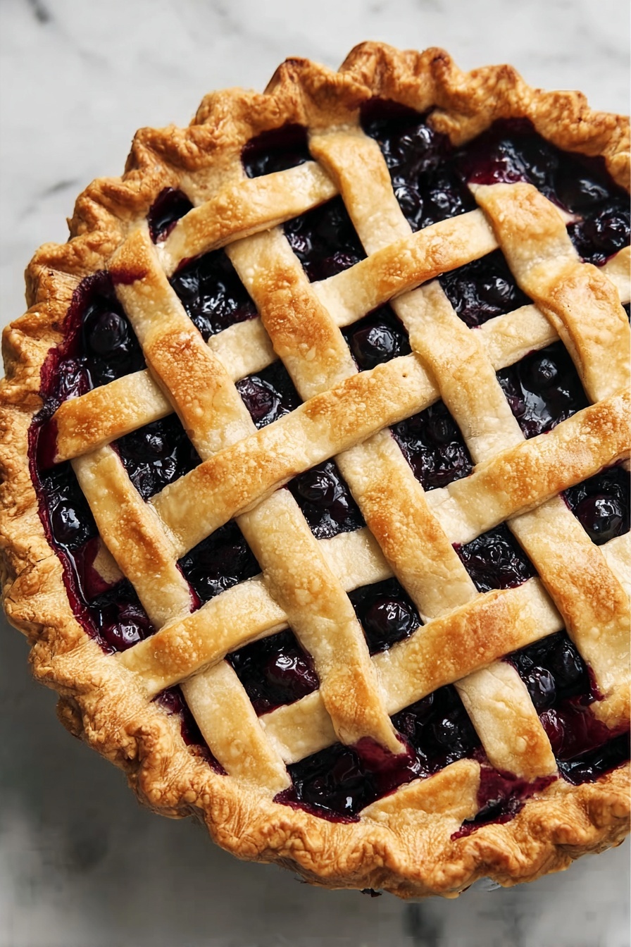 A round pie with a golden brown lattice crust on top, showing dark purple blueberry filling underneath. The crust has six wide strips woven over and under each other, with a crimped edge around the pie. The blueberries inside look juicy and glossy, filling the pie fully and visible through the lattice. The pie sits on a white marbled surface. photo taken with an iphone --ar 2:3 --v 7