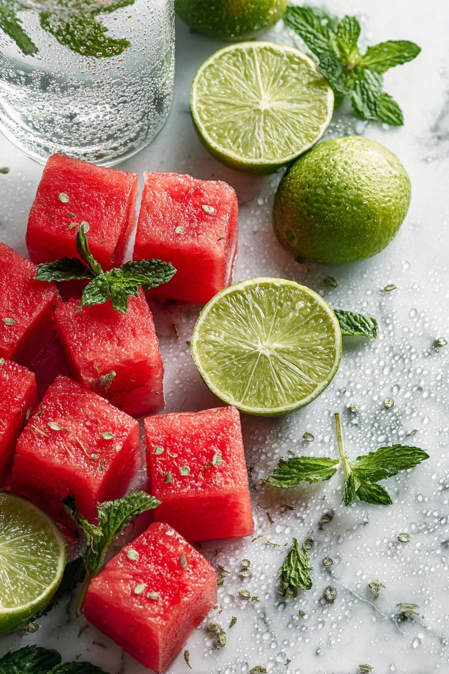 Flat lay of vibrant red cubed watermelon, several bright green lime halves and thin lime slices, fresh sprigs of mint with delicate leaves, sparkling clear soda water bubbles in a glass bottle, all beautifully arranged with a few scattered watermelon seeds and tiny droplets of water adding freshness, placed on a white marble surface, photo taken with an iphone --ar 2:3 --v 7