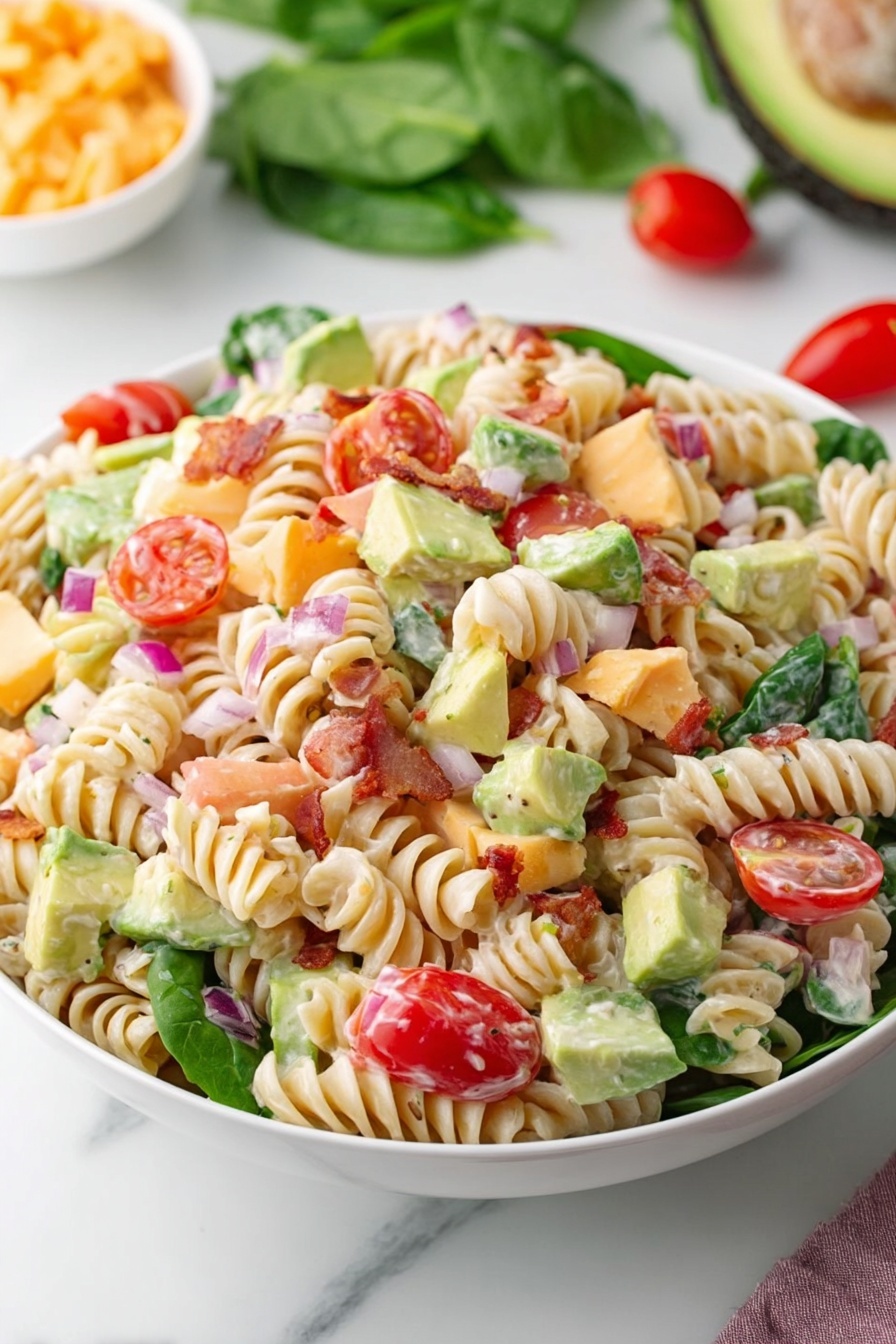 A white bowl filled with a colorful pasta salad featuring three layers: the base layer is spiral rotini pasta in a creamy white dressing, mixed with small green lettuce pieces and chopped red onions; the middle layer includes bright orange cheese cubes and crispy bacon bits scattered evenly; the top layer is decorated with halved cherry tomatoes showing their juicy red interiors, and fresh green parsley sprinkled on top. The bowl is placed on a white marbled surface. photo taken with an iphone --ar 2:3 --v 7