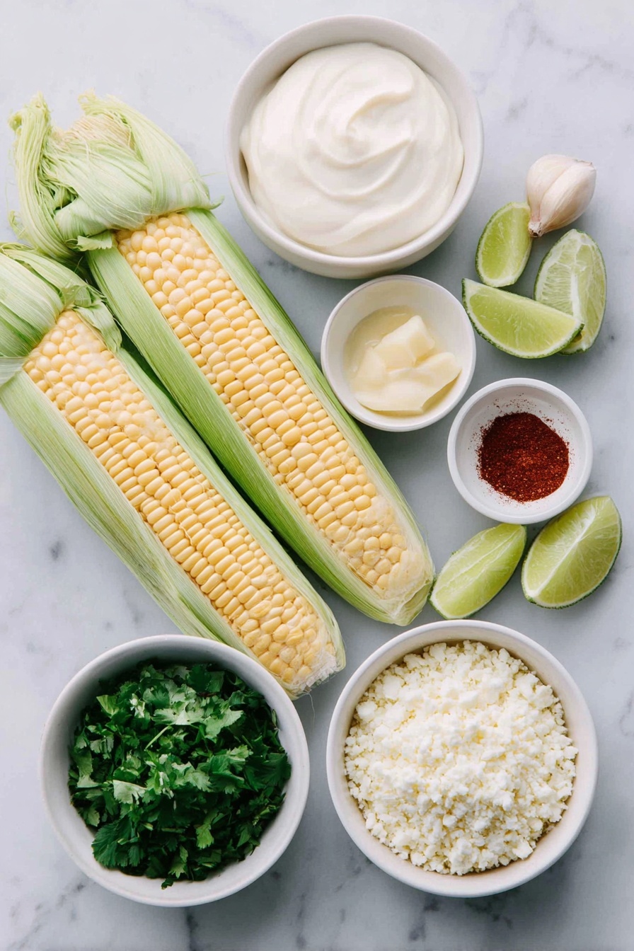 Flat lay of six fresh ears of sweet corn with bright yellow kernels and some light green husks removed, a small white bowl filled with smooth white Mexican crema, a small white bowl of creamy pale mayonnaise, a simple white ceramic bowl packed with vibrant green chopped cilantro leaves, a single peeled garlic clove next to a small white bowl with finely minced garlic, a tiny white bowl containing deep reddish-brown ground chipotle pepper powder, a small white bowl holding finely grated pale green lime zest, a small white bowl with freshly squeezed pale yellow lime juice, a simple white bowl heaped with crumbly white cotija cheese, and several fresh lime wedges with glossy green skin arranged neatly—all placed on a clean white marble surface, soft natural light, photo taken with an iPhone, professional food photography style, fresh ingredients, white ceramic bowls, no bottles, no duplicates, no utensils, no packaging --ar 2:3 --v 7 --p awthu7i m7354615311229779997