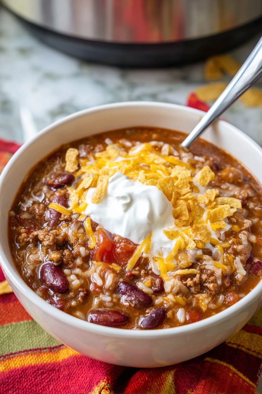 A close-up view of a ladle filled with a thick stew that has three main layers: at the bottom, a mix of red beans and soft white rice; in the middle, chunky bits of brown cooked meat; and on top, bright red tomato pieces mixed evenly with the other ingredients. The stew looks moist, with a reddish-brown broth filling the spaces between the rice and beans. The ladle is metal and worn, held above a pot showing more of the same stew inside, all sitting on a white marbled surface. photo taken with an iphone --ar 2:3 --v 7
