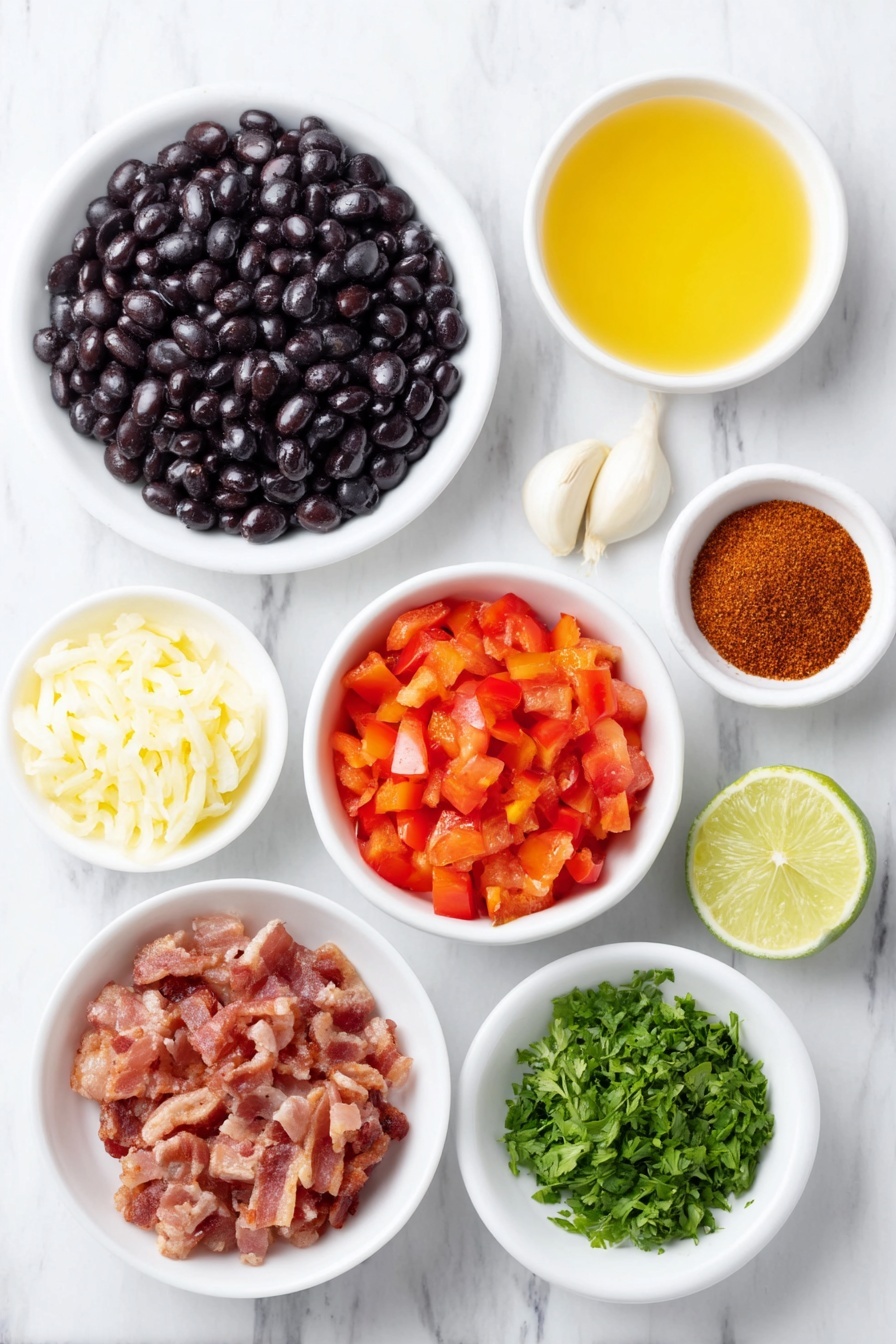 Flat lay of a small mound of shiny black beans, several crispy chopped bacon pieces, a large yellow onion with a rough outer layer, a medium red bell pepper diced into small cubes, a few cloves of whole garlic with papery skins, a small white bowl filled with golden chicken broth, a small white bowl holding fire roasted diced tomatoes, a small heap of reddish chili powder, a small pile of ground cumin, a fresh lime cut in half showing the juicy interior, a small bunch of bright green chopped cilantro, all ingredients arranged in perfect symmetry on a clean white ceramic plate and bowls, placed on a clean white marble surface, soft natural light, photo taken with an iPhone, professional food photography style, fresh ingredients, white ceramic bowls, no bottles, no duplicates, no utensils, no packaging --ar 2:3 --v 7 --p m7354615311229779997