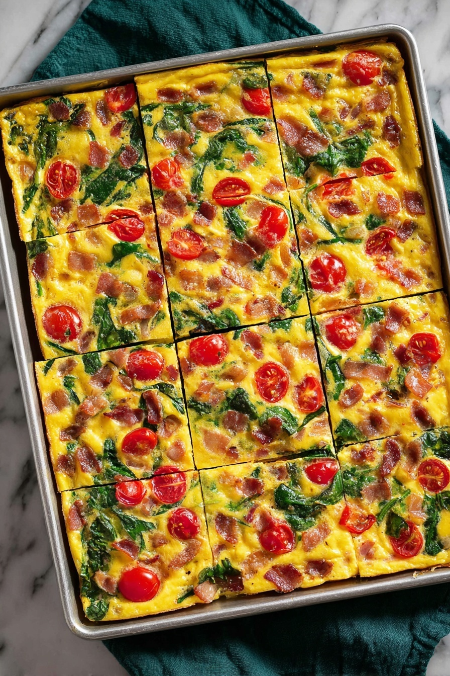 A large rectangular frittata is shown in a metal baking tray, cut into 15 square pieces arranged in a 3 by 5 grid. The frittata has three main layers visually: a yellow egg base as the bottom layer, topped with scattered bright red cherry tomato halves, dark green spinach leaves, and brown cooked bacon pieces evenly spread across the surface. The texture of the eggs looks soft and slightly fluffy with shiny spots. The tray sits on a dark green cloth over a white marbled surface. photo taken with an iphone --ar 2:3 --v 7