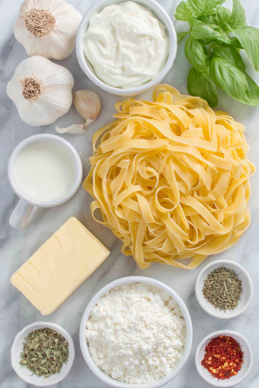 Flat lay of a neat nest of fresh uncooked fettuccine pasta, a pat of golden unsalted butter, six whole uncracked garlic cloves, a small white ceramic bowl of thick heavy whipping cream, a small white ceramic bowl of smooth milk, a small white ceramic bowl of fine white cornstarch powder, a piece of soft cream cheese, a small pile of dried basil leaves, a small pile of dried parsley leaves, a small pile each of onion powder and dried oregano, tiny piles of sea salt and cracked black peppercorns, a small pile of red pepper flakes, a small pinch of ground nutmeg, and a small white ceramic bowl heaping with freshly grated Parmesan cheese, all carefully arranged with perfect symmetry and balanced proportions, placed on a clean white marble surface, soft natural light, photo taken with an iPhone, professional food photography style, fresh ingredients, white ceramic bowls, no bottles, no duplicates, no utensils, no packaging --ar 2:3 --v 7 --p m7354615311229779997