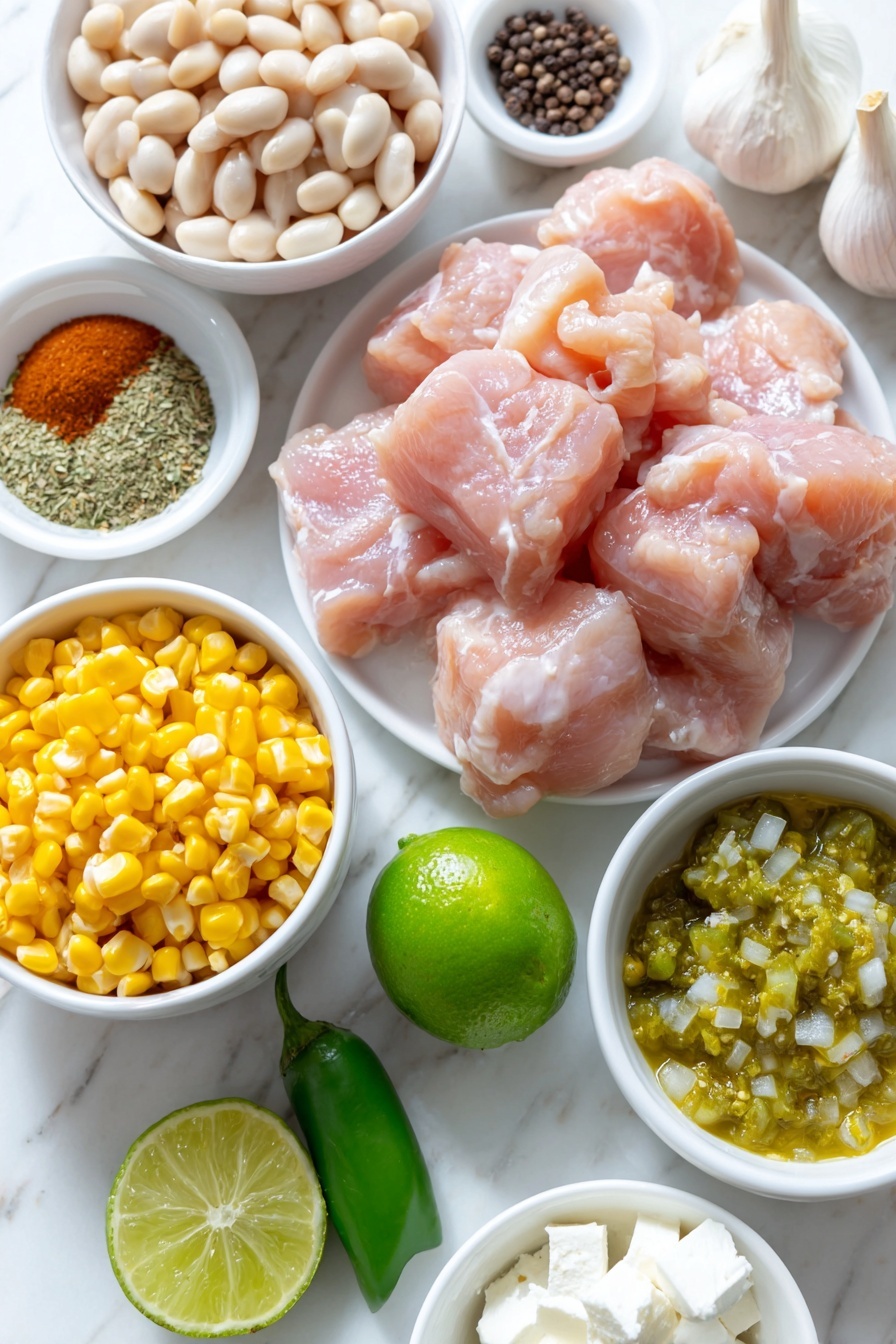 Flat lay of boneless skinless chicken thighs with pinkish flesh and smooth skin, a medium white onion diced into small cubes in a simple white ceramic bowl, a bright green poblano pepper chopped into pieces, a small green jalapeño pepper chopped, four whole garlic cloves with smooth white skins, a small white ceramic bowl with ground cumin powder, another small bowl with ground coriander powder, a small bowl with dried oregano leaves, a small bowl of fine salt crystals, a small bowl with whole black peppercorns, two small white ceramic bowls filled with drained and rinsed white cannellini beans, a small bowl of golden yellow corn kernels, a simple white ceramic bowl with bright green salsa verde, a small white bowl with diced green chiles, a small white bowl with soft cubed cream cheese, a whole lime cut in half showing vibrant green flesh, a small pile of chopped fresh bright green cilantro leaves placed directly, placed on a clean white marble surface, soft natural light, photo taken with an iPhone, professional food photography style, fresh ingredients, white ceramic bowls, no bottles, no duplicates, no utensils, no packaging --ar 2:3 --v 7 --p m7354615311229779997