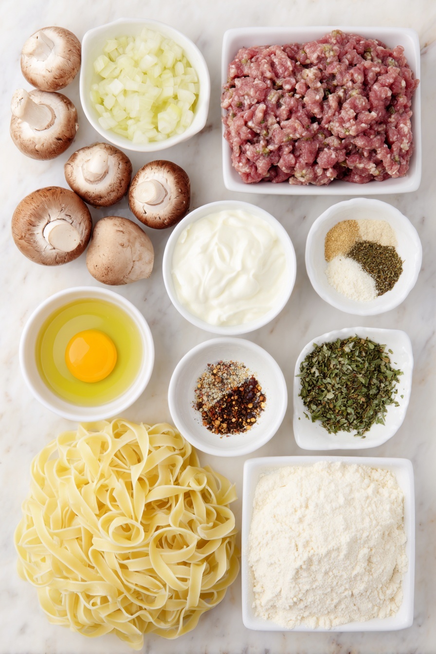 Flat lay of cremini mushrooms sliced thin, whole uncracked brown eggs, a small white ceramic bowl of softened cream cheese, a small white ceramic bowl of sour cream, a small white ceramic bowl of olive oil, raw lean ground beef portion, a small white ceramic bowl of all-purpose flour, a small white ceramic bowl of beef broth, diced yellow onion, several garlic cloves peeled, a small white ceramic bowl of Worcestershire sauce, a small white ceramic bowl of Dijon mustard, small white ceramic bowls each with dried parsley, paprika, oregano, thyme, and red pepper flakes, a nest of uncooked wide egg noodles, placed on a clean white marble surface, soft natural light, photo taken with an iPhone, professional food photography style, fresh ingredients, white ceramic bowls, no bottles, no duplicates, no utensils, no packaging --ar 2:3 --v 7 --p m7354615311229779997