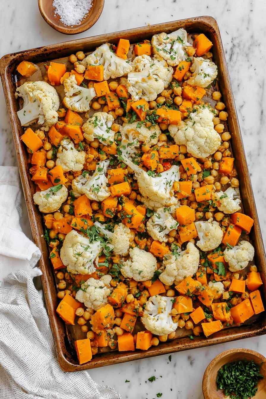 The image shows a baking tray filled with three layers of food: large white cauliflower florets spread unevenly, bright orange cubes of butternut squash evenly scattered, and small round golden chickpeas filling in the gaps. The food is sprinkled with green chopped herbs, likely parsley, adding some fresh color contrast. The baking tray sits on a white marbled surface, and there is a small wooden bowl with salt in the top left corner and a small wooden bowl with more chopped herbs in the bottom right corner. A white cloth napkin is partially visible at the bottom left corner. The food looks roasted with some light browning on the cauliflower and chickpeas. photo taken with an iphone --ar 2:3 --v 7